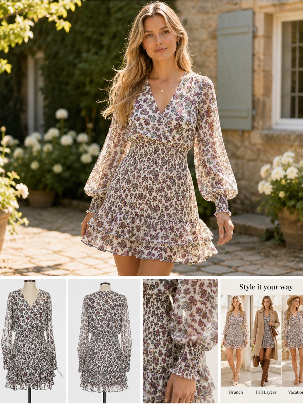 NWT Veronica Beard White Floral Smocked V-Neck Long-Sleeve Mini Dress m